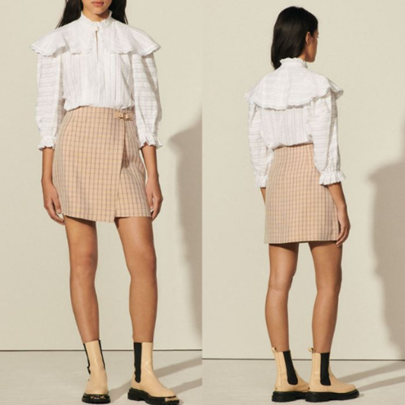 Sandro Meredith Checkered Twill Mini Faux Wrap Skirt Nude Beige Women's Size 1 - Picture 2 of 8